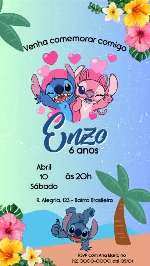 Convite Animado Aniversário Stitch e Angel para Editar Online
