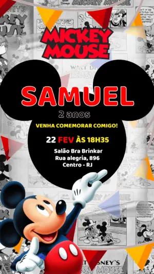 Convite Editável Aniversário Infantil Tema Mickey Mouse Clássico