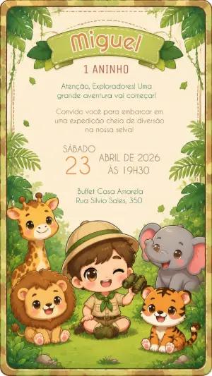 Convite Digital Aniversário Infantil Tema Safari Fofo para Editar