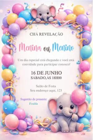 Convite Chá Revelação Elefantinho Fofo com Balões Editável