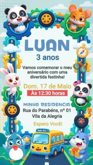 Convite de Aniversário Baby Bus com Animais para Editar