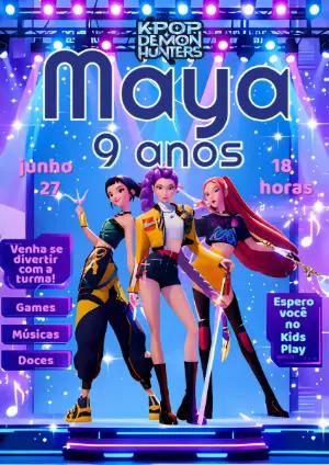 Convite de Aniversário K-Pop Guerreiras Neon Editável