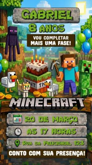 Convite de Aniversário Minecraft Pixelado para Editar