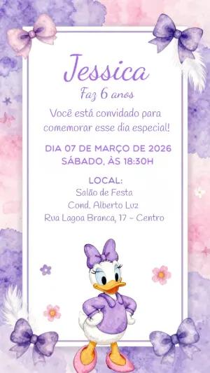 Convite de Aniversário Margarida Aquarela Lilás Editável