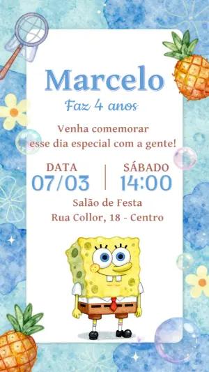 Convite de Aniversário Bob Esponja Aquarela para Editar