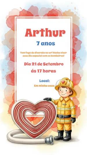 Convite de Aniversário Bombeiro Infantil Editável com Aquarela