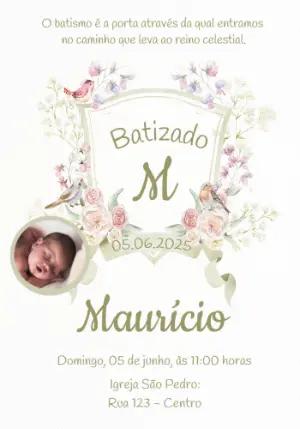 Convite de Batizado Floral com Foto para Editar Online