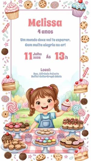 Convite Aniversário Doces e Confeitaria Menina para Editar