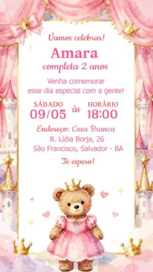 Convite de Aniversário Ursinha Princesa Rosa para Editar