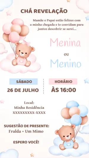 Convite Chá Revelação Ursinhos Aquarela para Editar Online