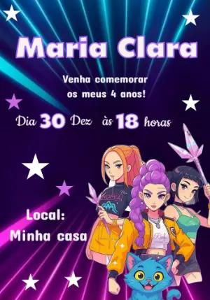 Convite de Aniversário Guerreiras do Kpop Neon Editável