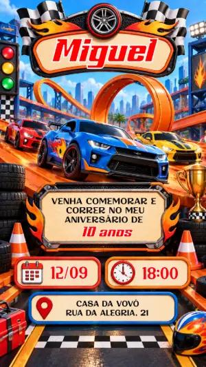 Convite de Aniversário Hot Wheels Editável: Pista de Corrida