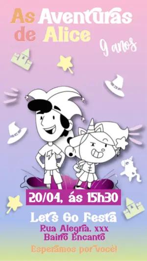 Convite Aniversário Aventura Fantástica com Personagens para Editar
