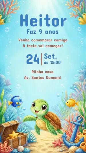 Convite de Aniversário Fundo do Mar Editável com Tartaruga