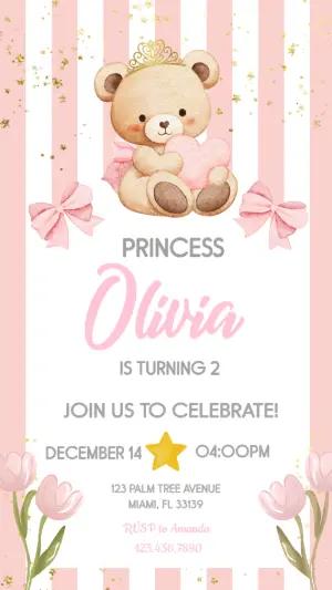 Princess Teddy Bear Birthday Invitation Editable Template