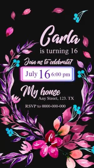 Editable 16th Birthday Invitation with Watercolor Flowers