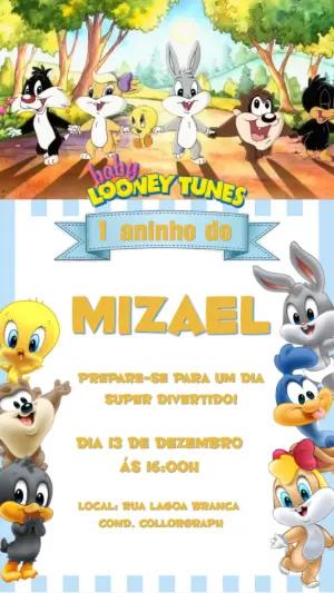 Convite Animado Baby Looney Tunes para Aniversário Editável