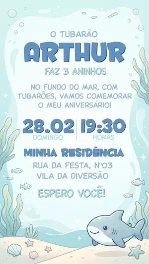 Convite Digital Infantil Tema Tubarão Azul Editável