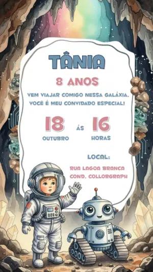 Convite de Aniversário Astronauta com Robô para Editar Online