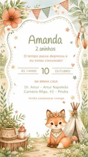 Convite de Aniversário Raposinha Boho Editável
