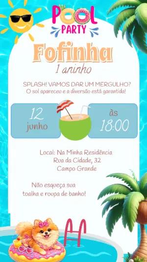 Convite de Aniversário Pet Pool Party Fofinho para Editar