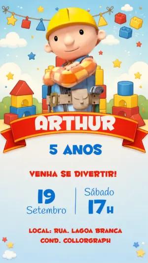 Convite de Aniversário Bob o Construtor Digital para Editar