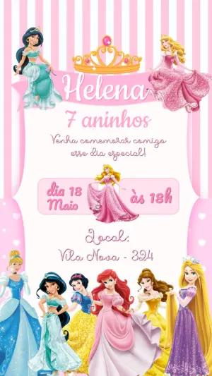 Convite de Aniversário Princesas Disney Rosa para Editar