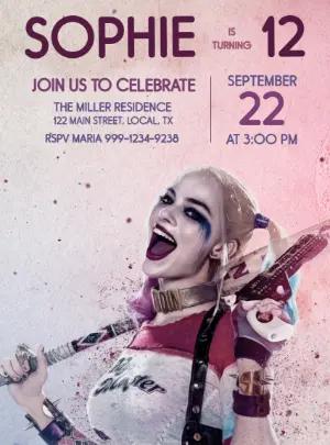 Harley Quinn Style Birthday Invitation - Editable Digital Template