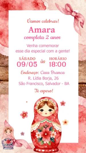 Convite de Aniversário Editável Tema Boneca Russa Aquarela