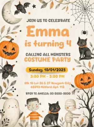 Cute Halloween Birthday Invitation Editable Template