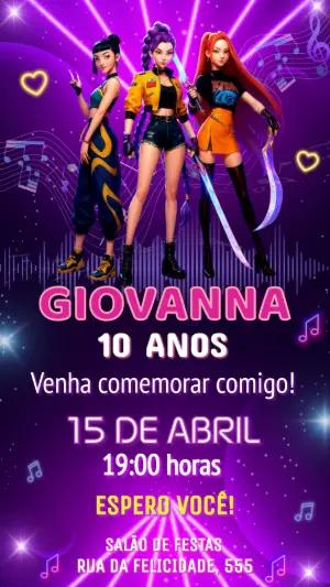 Convite Aniversário Guerreiras K Pop para Editar Online