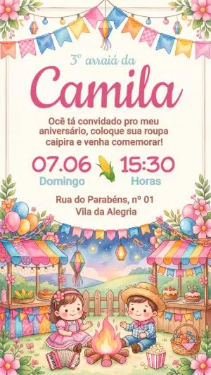 Convite Festa Junina Infantil Aquarela para Editar