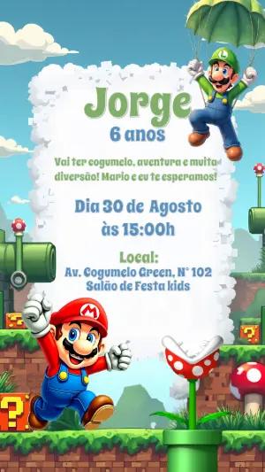 Convite de Aniversário Mario Bros e Luigi para Editar Online