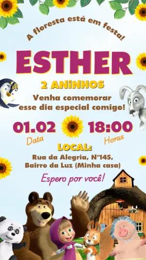 Convite Digital Masha e o Urso Infantil para Editar
