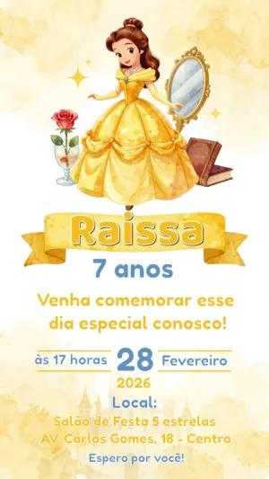 Convite de Aniversário Princesa Bela Aquarela Editável