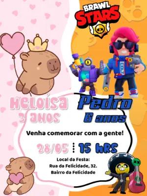 Convite Aniversário Duplo Capivara e Brawl Stars para Editar
