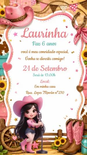 Convite de Aniversário Vaqueira Rosa para Editar e Enviar