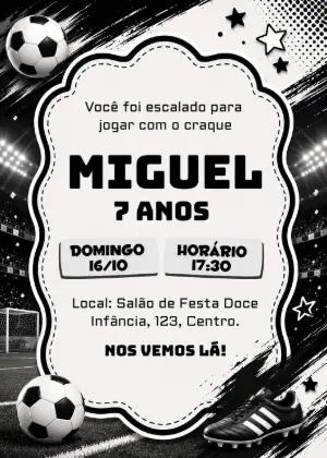 Convite Digital Aniversário Futebol Preto e Branco Editável