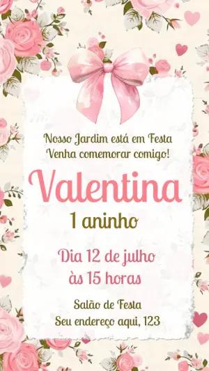 Convite de Aniversário Jardim Floral com Laço Rosa Editável