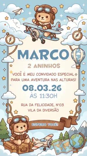 Convite de Aniversário Ursinho Aviador Editável para Menino