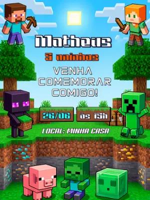 Convite de Aniversário Minecraft: Modelo Digital Editável