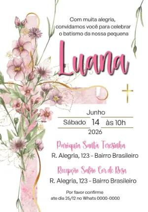 Convite de Batizado Floral Rosa com Cruz Editável