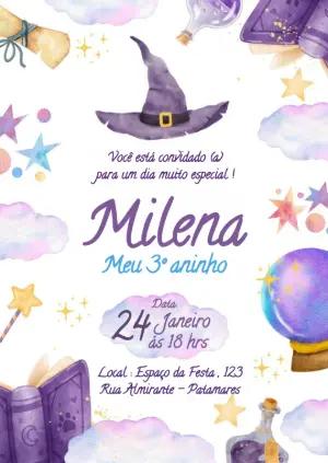 Convite de Aniversário Bruxinha Aquarela Editável