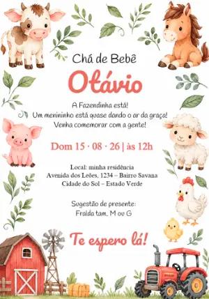 Convite Chá de Bebê Fazendinha Aquarela para Editar