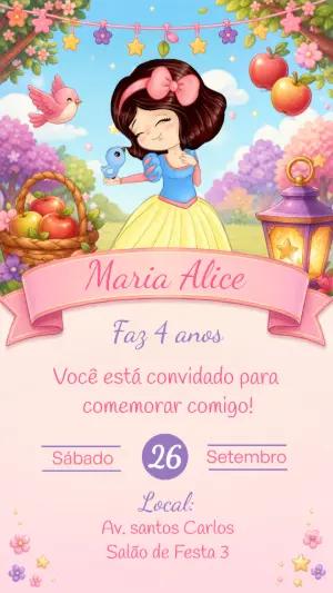 Convite de Aniversário Branca de Neve Fofa para Editar