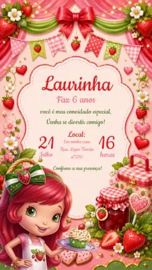 Convite Aniversário Moranguinho Fofo para Editar Online