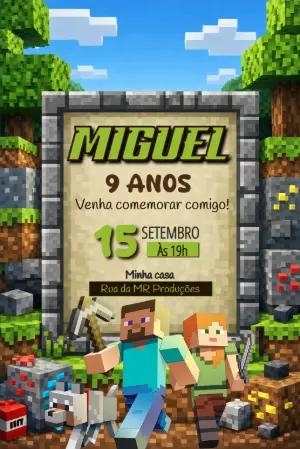 Convite de Aniversário Minecraft Pixelado para Editar Online