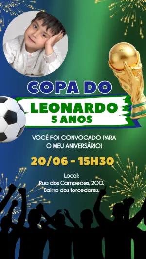 Convite de Aniversário Futebol Copa do Mundo com Foto Editável