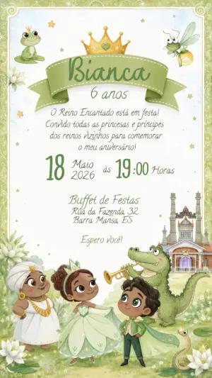 Convite de Aniversário Princesa e o Sapo Tiana Editável