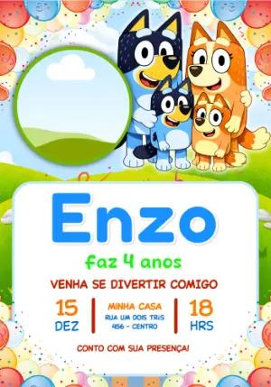 Convite de Aniversário Infantil Bluey Colorido para Editar